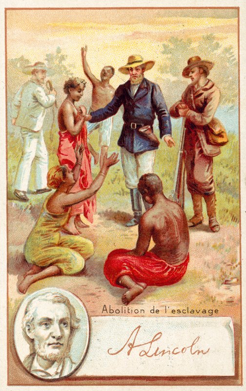 Abraham Lincoln ja orjuuden poistaminen Yhdysvalloissa (chromolitho) tekijältä French School