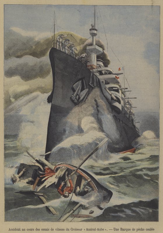 Ranskalaisen panssaroidun risteilijän Admiral Auben kalastusvene upposi vahingossa nopeuskokeiden aikana (värilitho) tekijältä French School