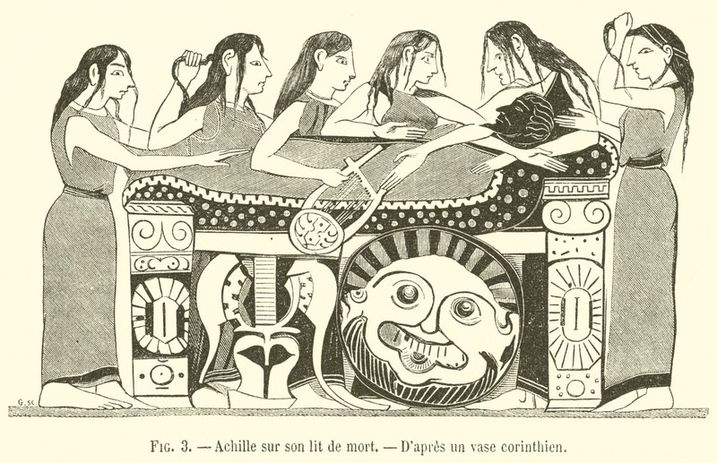 Akhilleus kuolinvuoteella (kaiverrus) tekijältä French School