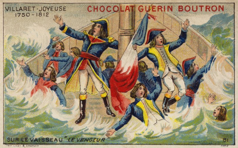 Amiraali Villaret de Joyeuse uppoavalla aluksellaan Vengeur du Peuple (chromolitho) tekijältä French School