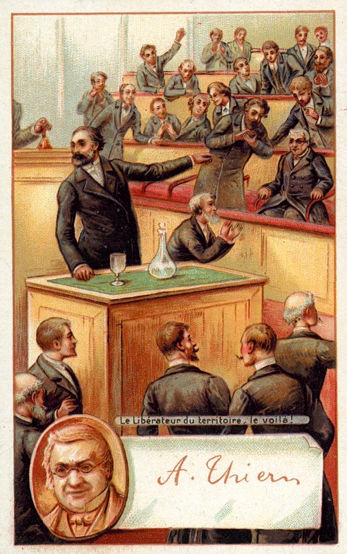 Adolphe Thiers ylistetty Ranskan kansalliskokouksessa (chromolitho) tekijältä French School