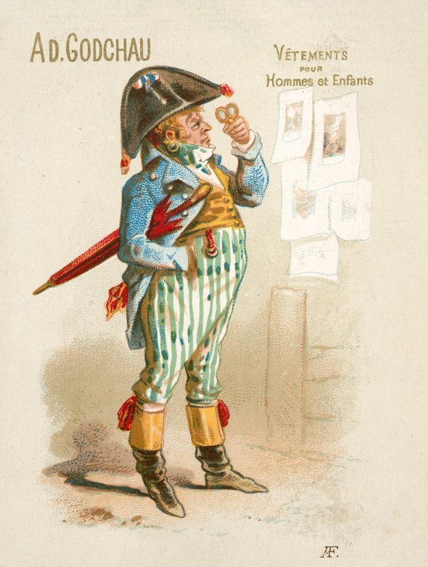 Mainos Ad Godchau miesten ja lasten vaatteista (chromolitho) tekijältä French School