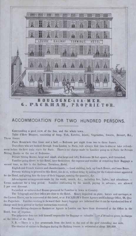 Mainos Louvre Railway Terminus -hotellista, Boulogne-sur-Mer, Ranska (litho) tekijältä French School