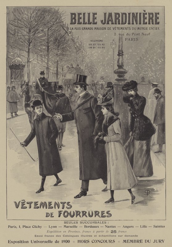 Mainokset turkisvaatteista Belle Jardiniere, Pariisi (litho) tekijältä French School
