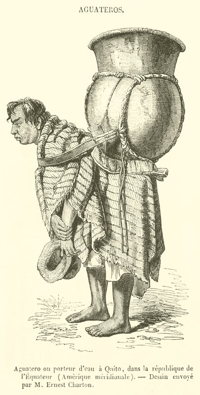 Aguatero tai Water Carrier paikassa Qnito, Ecuadorin tasavalta, Etelä-Amerikka (kaiverrus) tekijältä French School