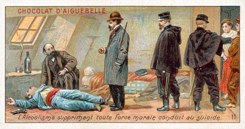 Alkoholismi tukahduttaa kaiken moraalisen voiman ja johtaa itsemurhaan (chromolitho) tekijältä French School