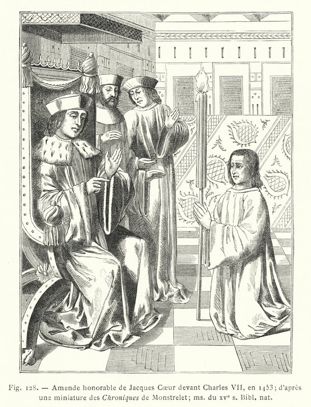 Jacques Coeurin kunnianosoitukset ennen Kaarle VII:tä vuonna 1453; Chroniques de Monstreletin pienoismallin jälkeen; ms 1400-luvulta, Bibl nat (kaiverrus) tekijältä French School