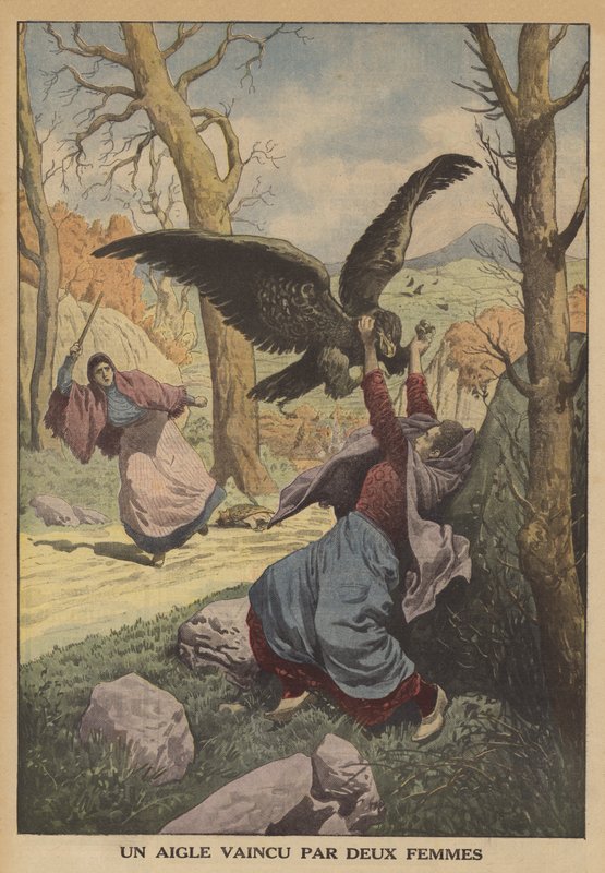 Kahden naisen voittama kotka (väri litho) tekijältä French School