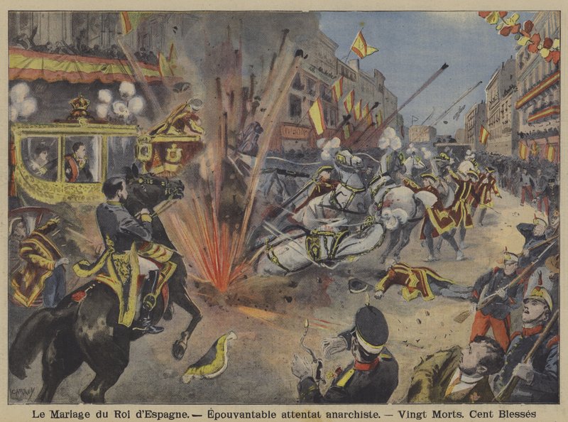 Anarkistinen pommi-isku kuningas Alfonso XIII:n ja Battenbergin kuningatar Victoria Eugenien hääkulkueeseen Madridissa tekijältä French School