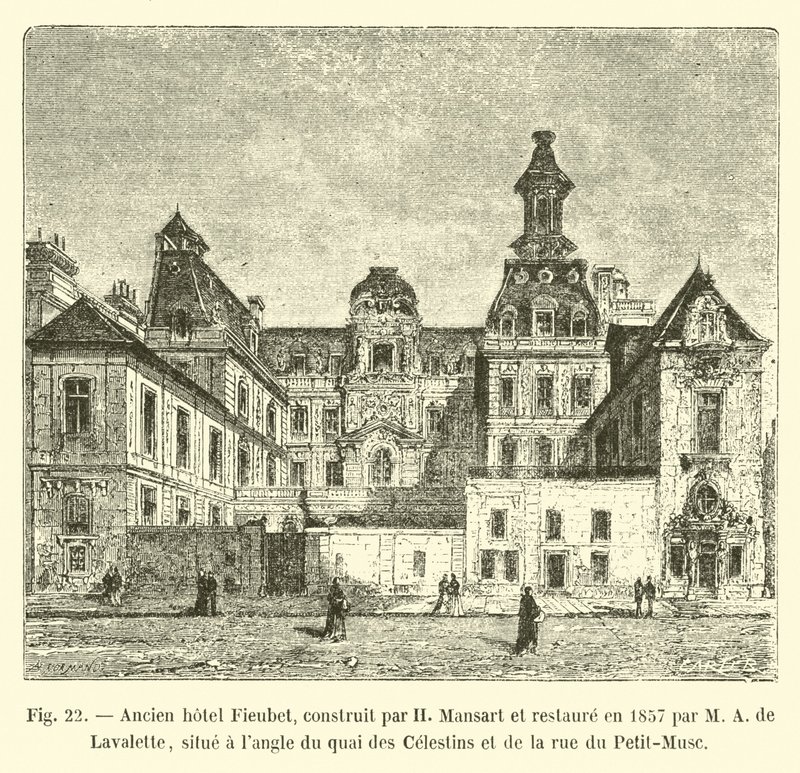 Entinen Fieubet-hotelli, jonka rakensi H Mansart ja kunnosti vuonna 1857 M A de Lavalette. Se sijaitsee Quai des Celestinsin ja Rue du Petit-Muscin kulmassa tekijältä French School