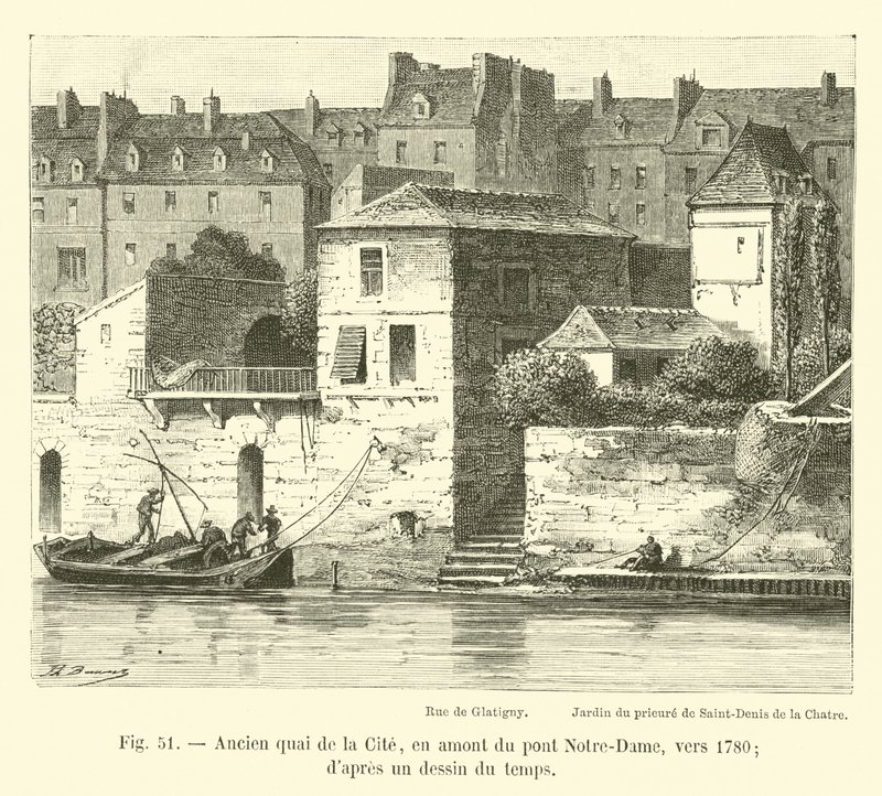 Entinen quai de la Cite, vastavirtaan Notre-Damen sillasta, noin 1780; aikalaisesta piirroksesta tekijältä French School
