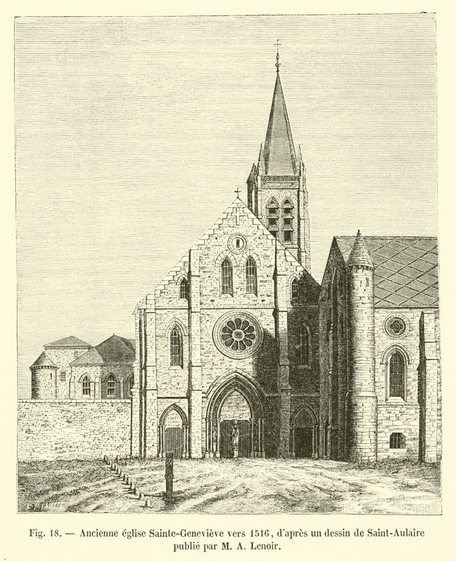 Entinen Sainte-Genevieven kirkko noin 1516, M A Lenoirin julkaiseman Saint-Aulairen piirustuksen jälkeen tekijältä French School