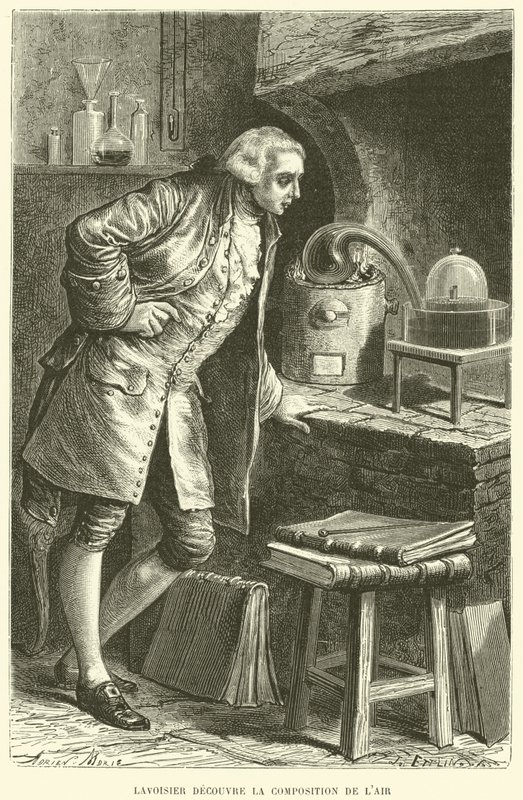 Antoine Lavoisier löytää Airin koostumuksen (kaiverrus) tekijältä French School