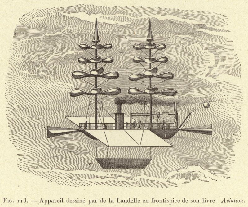 De la Landellen suunnittelema lentokone kirjansa: Aviation (kaiverrus) etupuolelle tekijältä French School