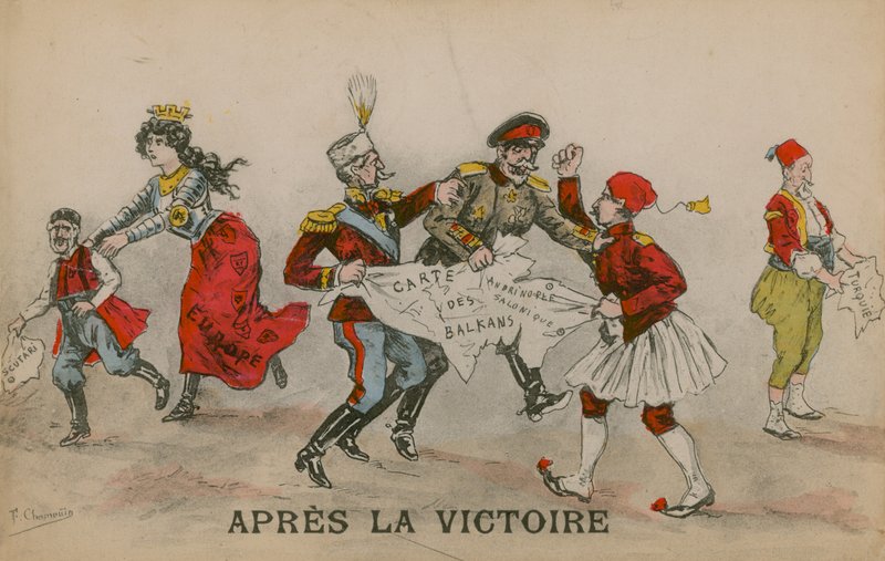 Apres La Victoire, poliittinen sarjakuva Balkanista. Postikortti lähetetty 14. kesäkuuta 1913. tekijältä French School