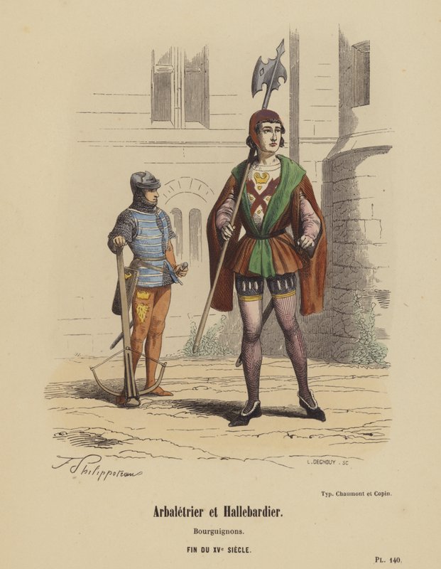 Varsijousimies ja Halberdier, Burgundialaiset, 1400-luvun loppu (värillinen kaiverrus) tekijältä French School