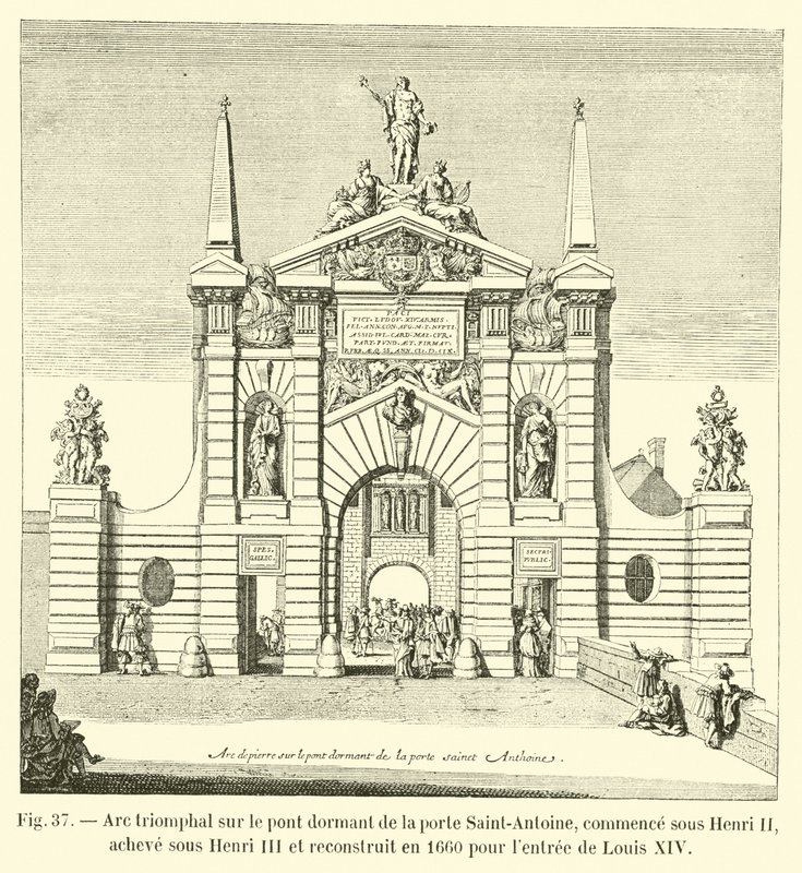 Riemukaari Saint-Antoine-portin uinuvalla sillalla, aloitti Henri II:n johdolla, valmistui Henri III:n johdolla ja rakennettiin uudelleen vuonna 1660 Ludvig XIV:n sisääntuloa varten tekijältä French School