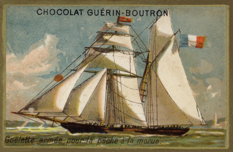 Aseistettu turskanpyyntikuunari (chromolitho) tekijältä French School