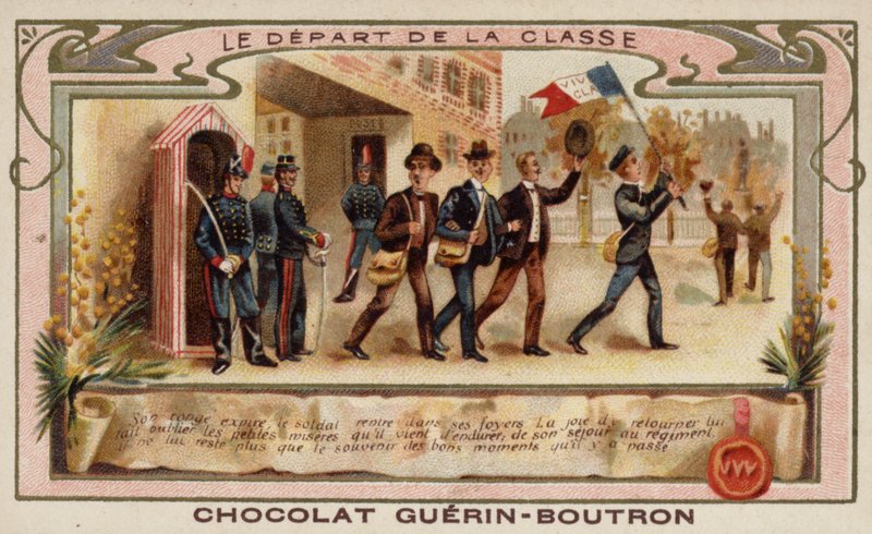 Armeijakadetit, jotka lähtevät liittymään rykmenttiinsä valmistuttuaan akatemiasta (chromolitho) tekijältä French School