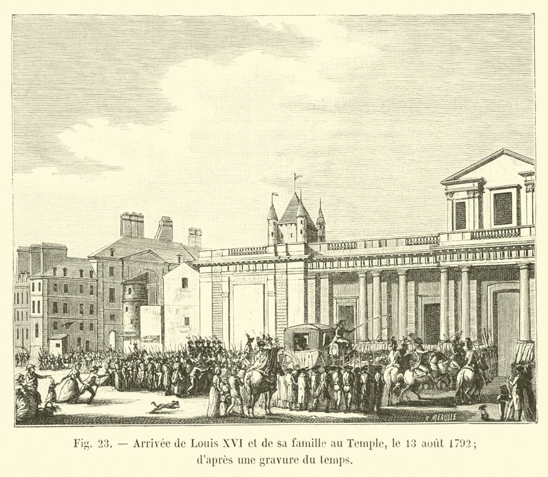 Ludvig XVI:n ja hänen perheensä saapuminen temppeliin 13. elokuuta 1792; ajan kaiverruksesta tekijältä French School