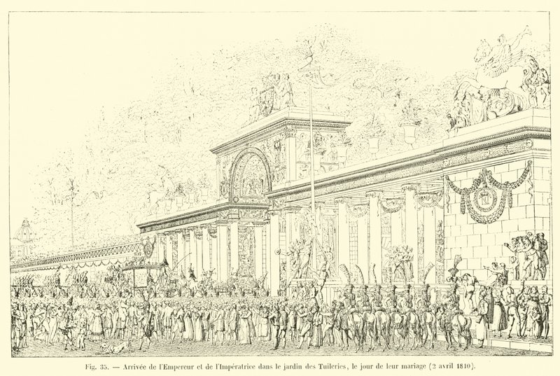 Keisarin ja keisarinnan saapuminen Tuileriesin puutarhaan hääpäivänä 2. huhtikuuta 1810 tekijältä French School