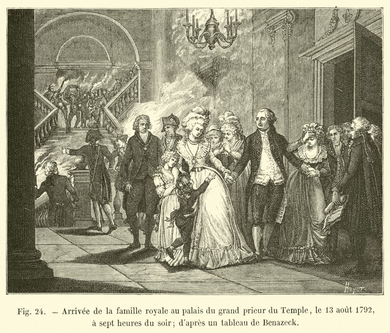 Kuninkaallisen perheen saapuminen Temppelin Grand Priorin palatsiin 13. elokuuta 1792 kello seitsemän illalla; Benazeckin maalauksesta tekijältä French School