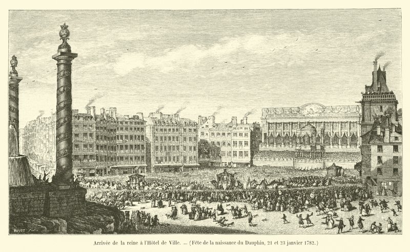 Kuningattaren saapuminen Hôtel de Villeen, Dauphinin syntymäpäiväjuhlat, 21. ja 23. tammikuuta 1782 tekijältä French School