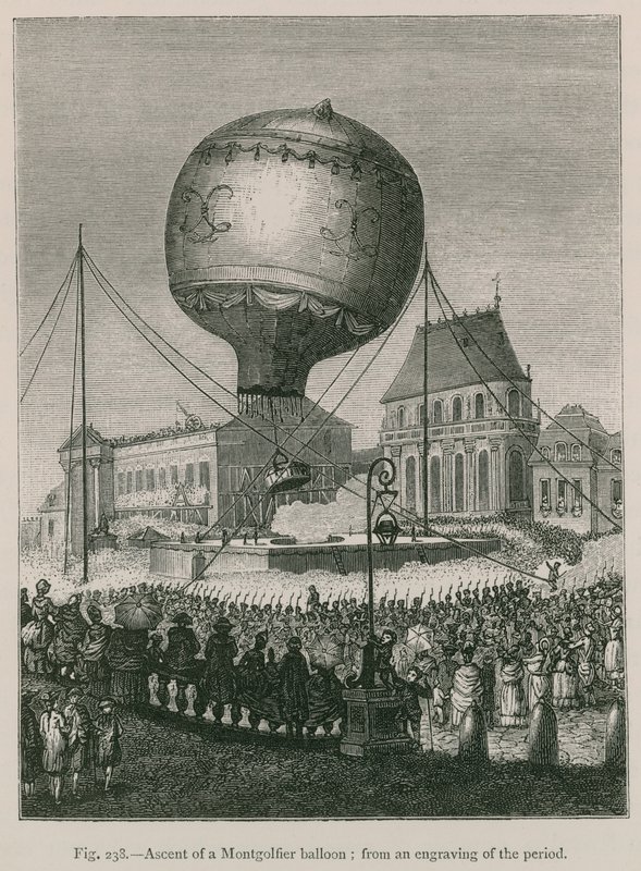 Montgolfier-ilmapallon nousu; aikakauden kaiverruksista tekijältä French School