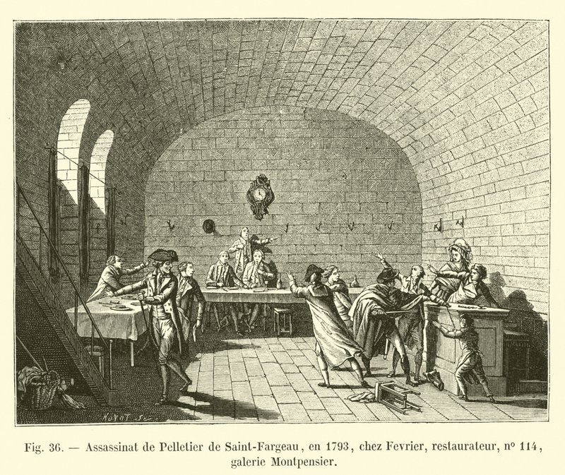 Pelletier de Saint-Fargeaun salamurha vuonna 1793 Fevrierissä, restauraattori, nro 114, Montpensier-galleria tekijältä French School