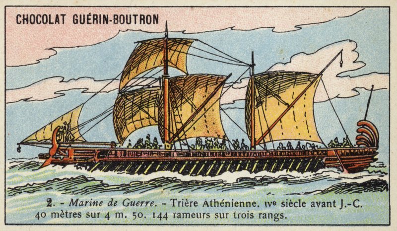 Ateenalainen trireemi, 4. vuosisadalla eKr. (chromolitho) tekijältä French School