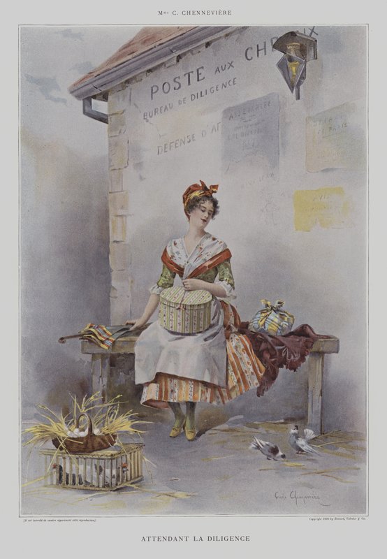 Attendant la Diligence (Odotan Stagecoachia) (väri litho) tekijältä French School