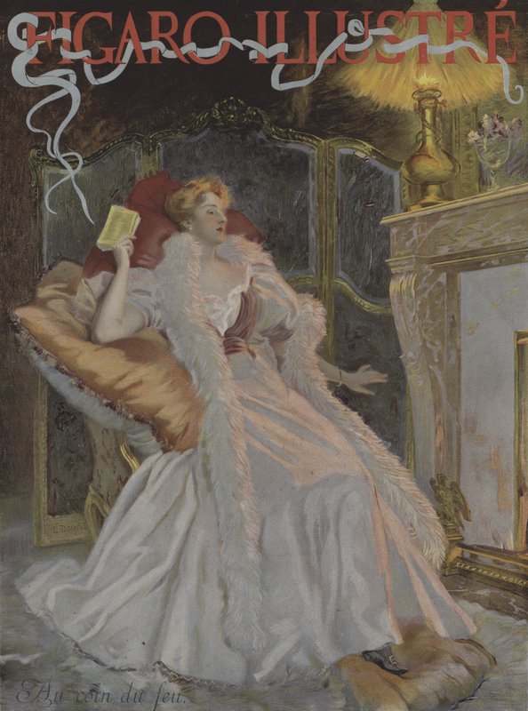Au coin du feu (Takkarannan äärellä). Le Figaro Illustren kansi, tammikuu 1896 (väri litho) tekijältä French School