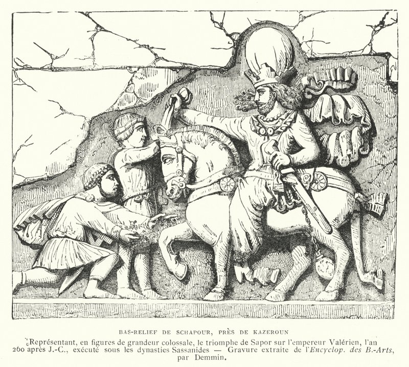 Bareljefi lähellä Kazerunia, Iran, kuvaa Sasanian kuninkaan Shapur I:n voittoa Rooman keisari Valerianuksesta Edessan taistelussa, 260 (kaiverrus) tekijältä French School