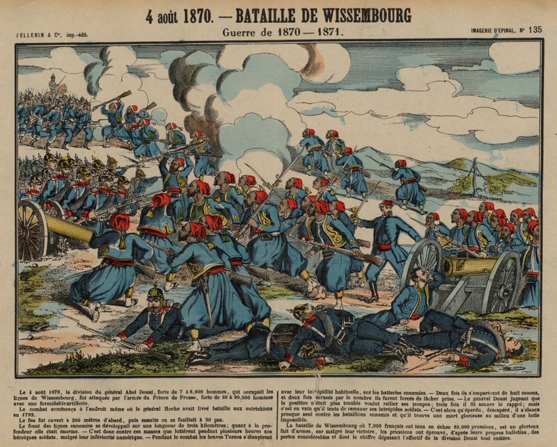 Wissembourgin taistelu, Ranskan ja Preussin sota, 4. elokuuta 1870 (värillinen kaiverrus) tekijältä French School