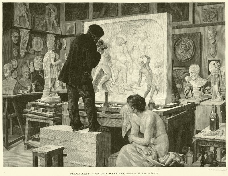 Fine Arts, A Workshop Corner, maalaus M Edouard Dantan (kaiverrus) tekijältä French School