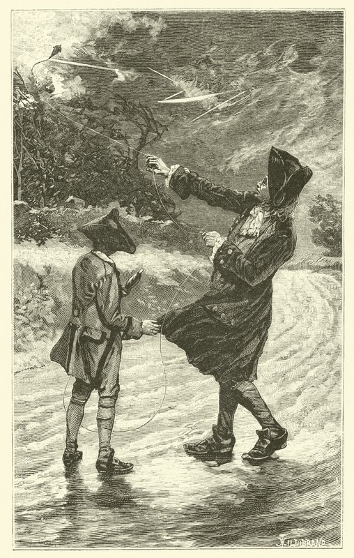 Benjamin Franklin lennättää leijaansa (kaiverrus) tekijältä French School
