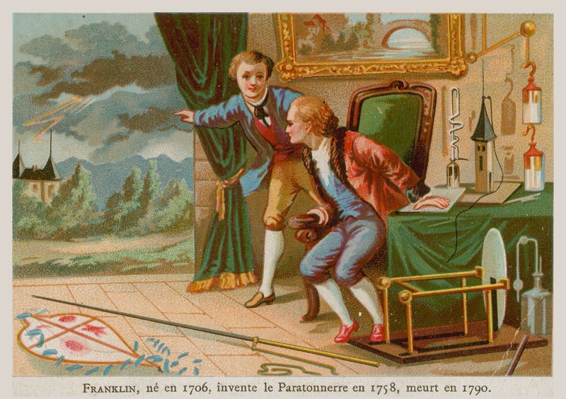 Benjamin Franklin, ukkosenjohtimen keksijä ja yksi Yhdysvaltojen perustajista (1706-1790) tekijältä French School