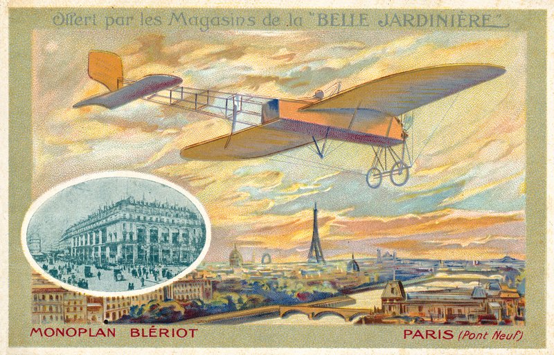Bleriot-monotaso ja näkymä Pariisiin, jossa näkyy Pont Neuf (chromolitho) tekijältä French School