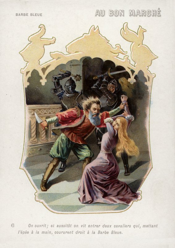 Siniparran vaimo pelastuu kuolemasta miehensä kädestä veljiensä saapuessa (chromolitho) tekijältä French School