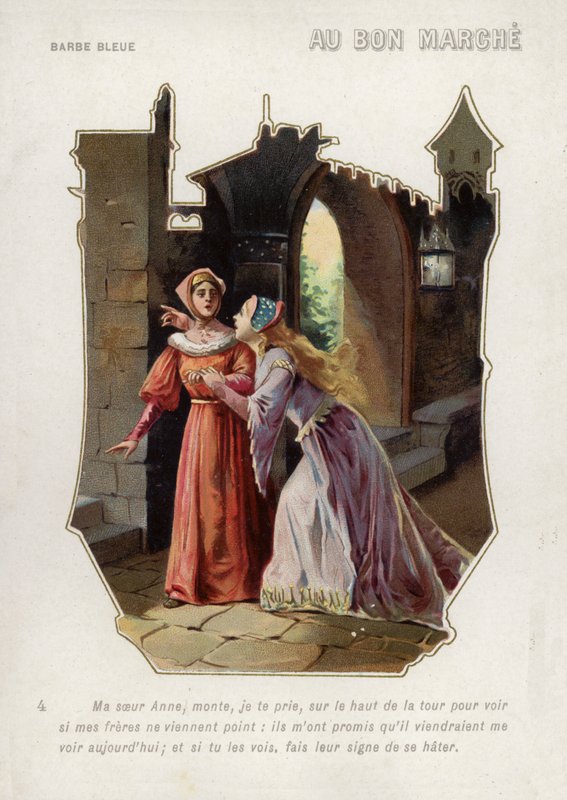 Siniparran vaimo käskee siskoaan Annea kiivetä linnan torniin ja varoa veljiään (chromolitho) tekijältä French School