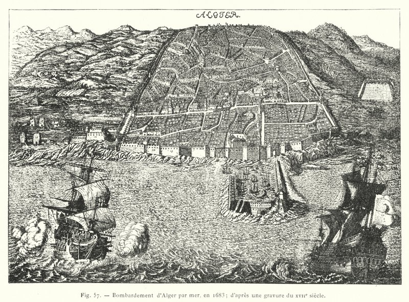 Algerin pommittaminen meritse vuonna 1683; 1600-luvun kaiverruksen jälkeen (kaiverrus) tekijältä French School