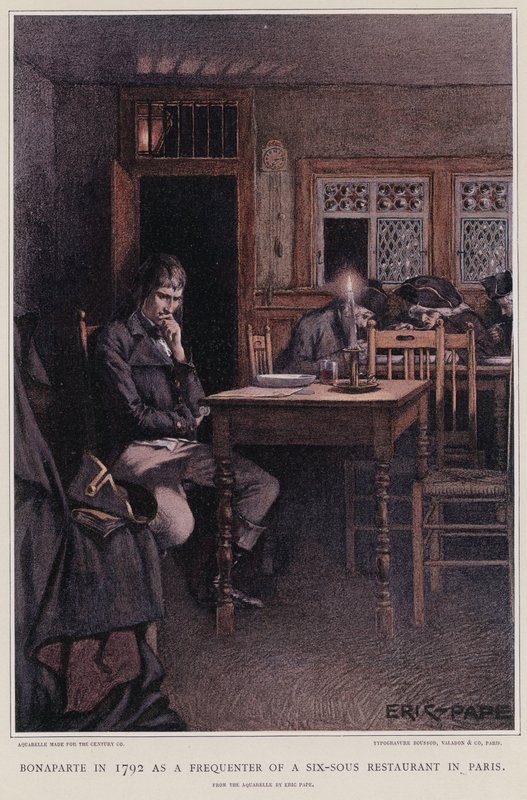 Bonaparte vuonna 1792 pariisilaisen six-sous-ravintolan kävijänä tekijältä French School