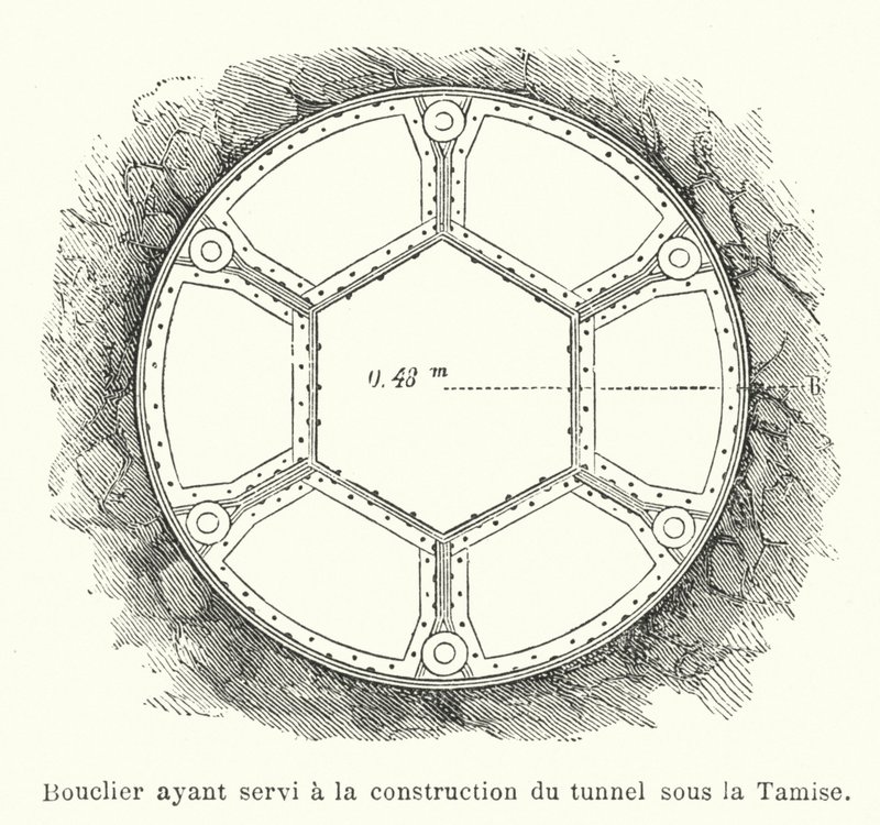 Thamesin alla tunnelin rakentamisessa käytetty kilpi (kaiverrus) tekijältä French School