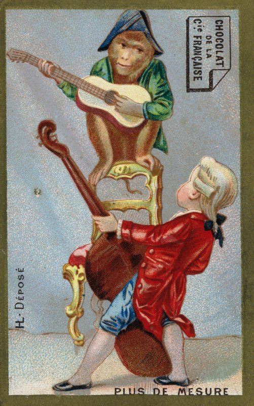 Poika ja apina soittavat yhdessä soittimia (chromolitho) tekijältä French School