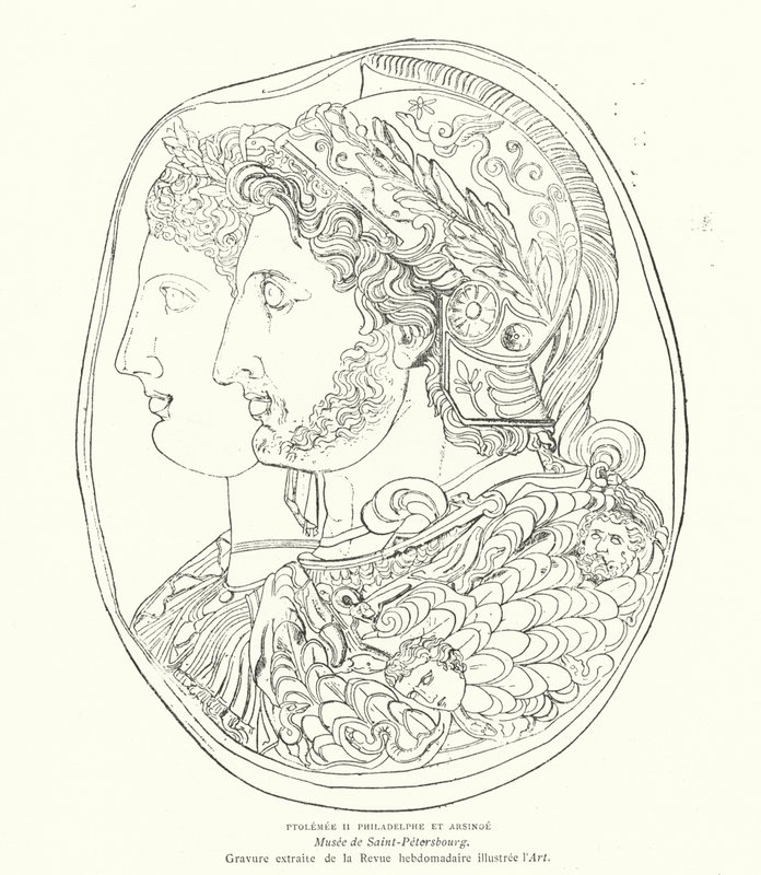 Muinaisen Egyptin faaraon Ptolemaios Philadelphuksen ja hänen vaimonsa Arsinoen Cameo, 3. vuosisadalla eKr. (kaiverrus) tekijältä French School