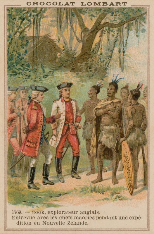 Kapteeni James Cook tapasi maoripäälliköiden Uudessa-Seelannissa, 1769 tekijältä French School