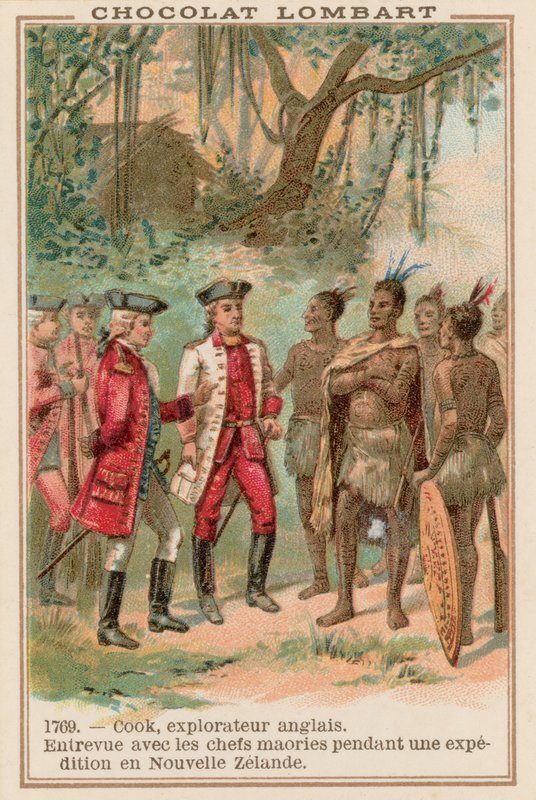 Kapteeni James Cook tapasi maoripäälliköiden Uudessa-Seelannissa, 1769 tekijältä French School