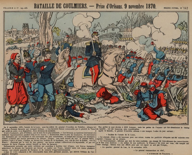 Ranskalaiset valtasivat Orleansin Coulmiersin taistelun jälkeen, Ranskan ja Preussin sota, 9.11.1870 (värillinen kaiverrus) tekijältä French School