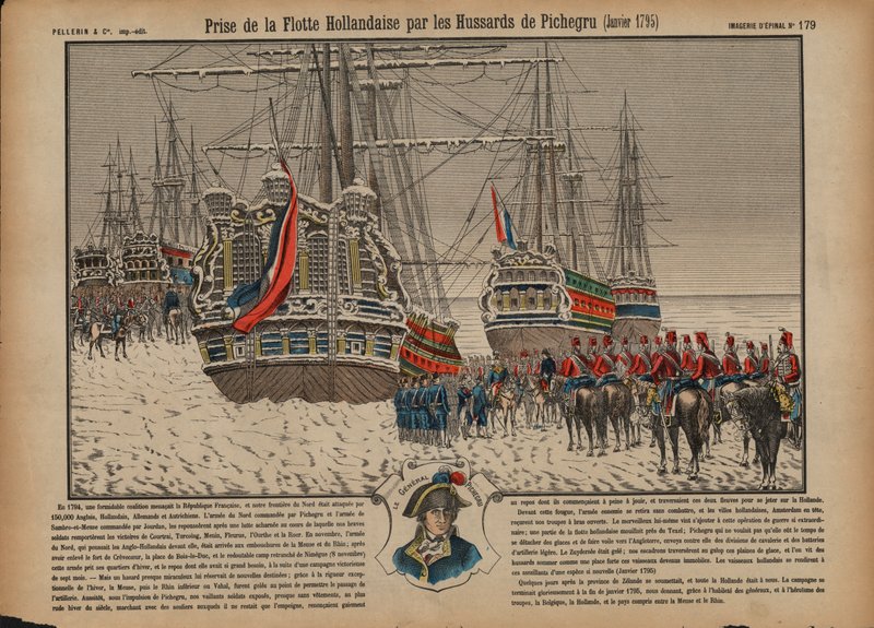 Kenraali Pichegrun komentamat ranskalaiset husaarit valtasivat hollantilaisen laivaston jäätyneellä Ijsselmeerillä tammikuussa 1795 (värillinen kaiverrus) tekijältä French School