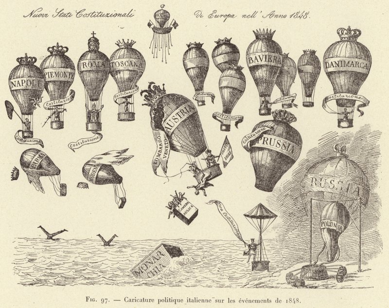 Italian poliittinen sarjakuva vuoden 1848 tapahtumista (kaiverrus) tekijältä French School